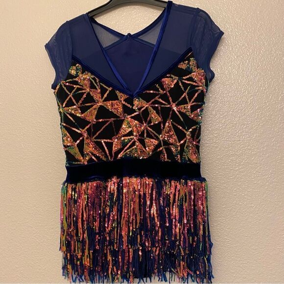 Weissman Dance costume blue sassy fringe sequin dress Misbehave 16291 child XLC - Picture 3 of 12